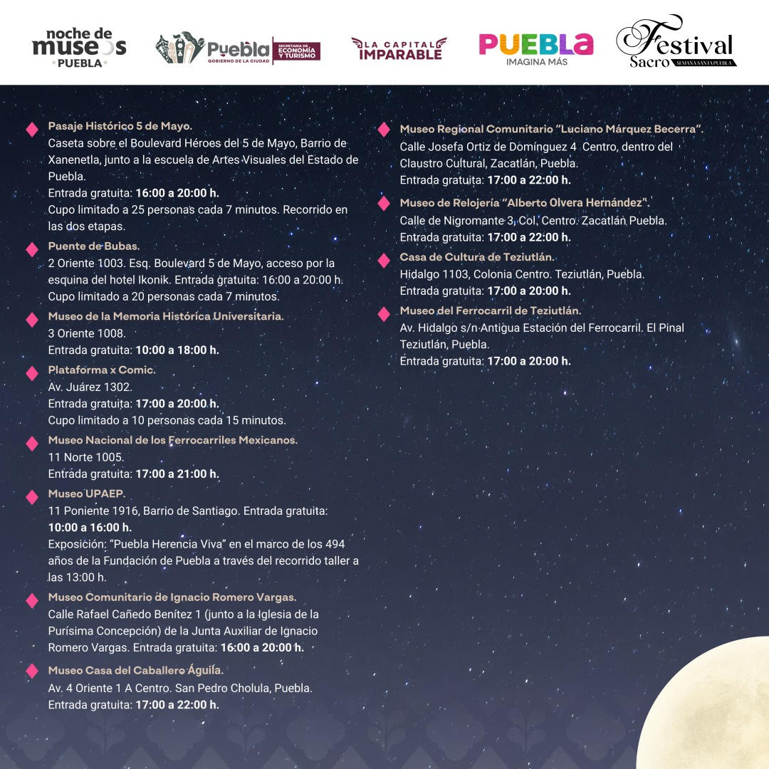 Invitan a la Tercera Noche de Museos 2025 en Puebla