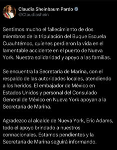 Sheinbaum lamenta muerte de marinos en Nueva York