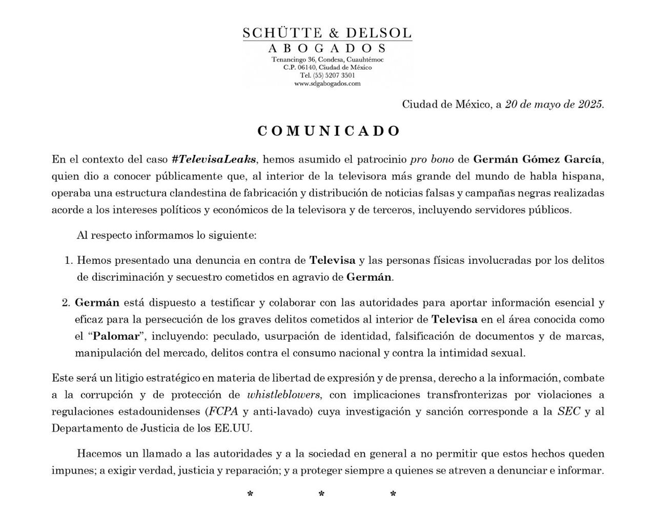 #TelevisaLeaks: testigo presenta denuncia formal